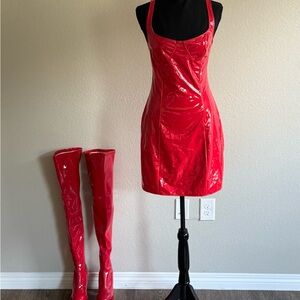 Red Patent Vinyl Dress & Thigh-High Boots Set